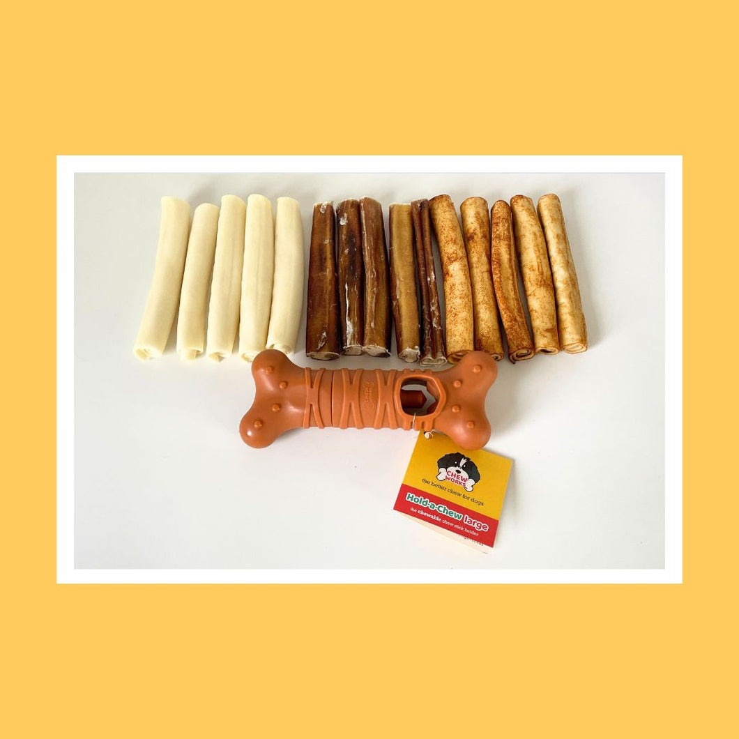DELUXE STARTER PACK includes Hold-a-Chew, Collagen Chew Sticks & Bully Sticks