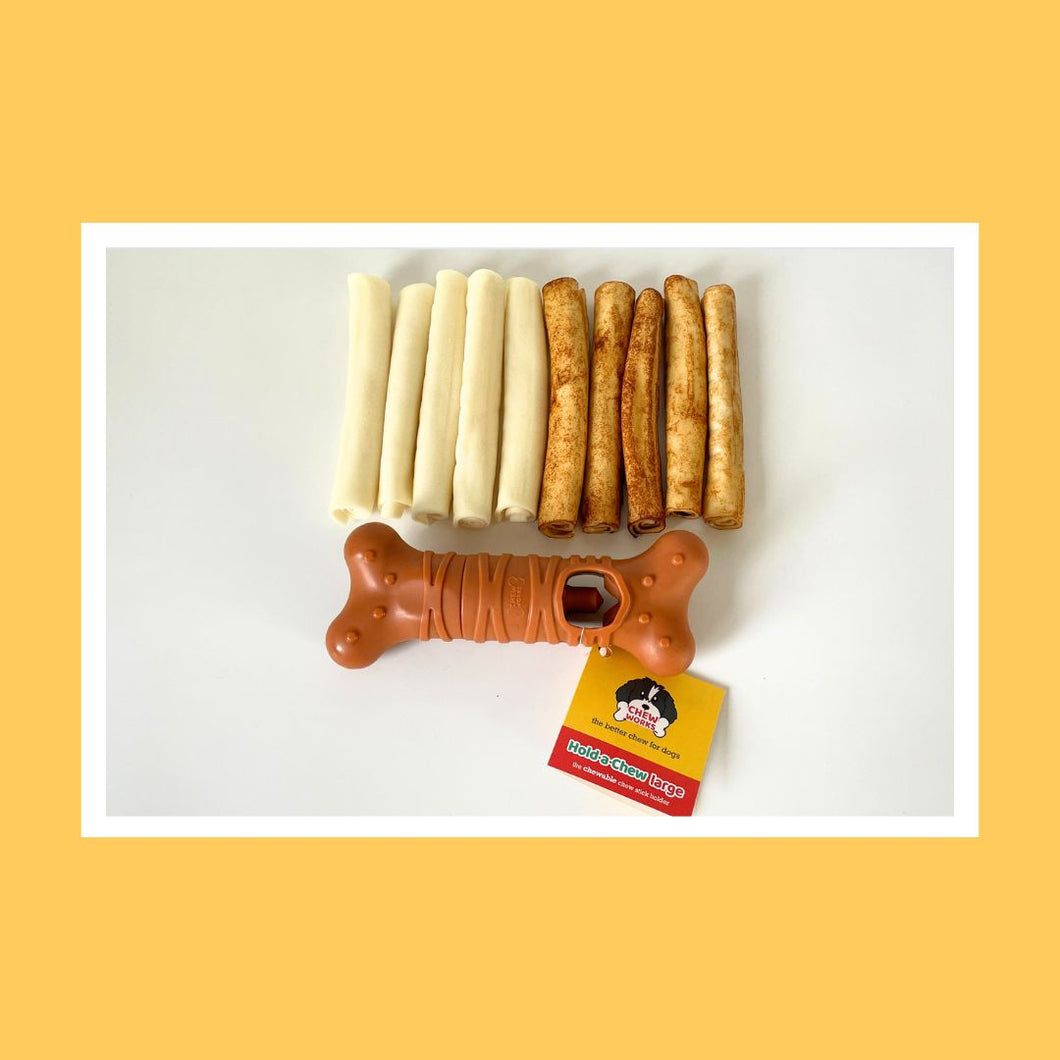 STARTER PACK includes Hold-a-Chew, Natural & Chicken Collagen Rolls