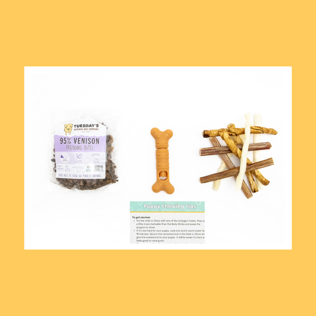 New! PUPPY PACK includes Hold-a-Chew, Collagen Twists, Bully Sticks, Training Bites & Training Tip Card